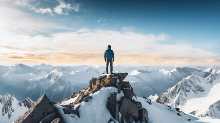 panorama of mountaineer standing on top snowy mountain - obrazy, fototapety, plakaty