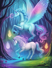 Abstract drawing of mythical unicorn in glowing fairy forest