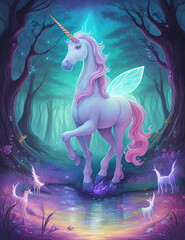 Abstract drawing of mythical unicorn in glowing fairy forest