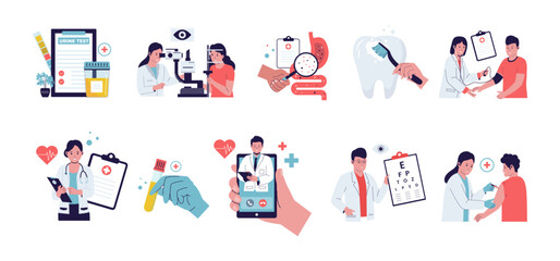 Vector collection of Medical concept. urine test, medical checkup, toothbrush, eye checkup, etc. Vector flat illustration
