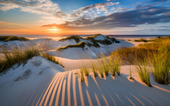 Golden Horizons, Coastal Sand Dunes Awakened by Sunrise