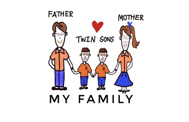 Hand drawn picture, Cute human cartoons characters of father, mother and twin sons. Concept, warm and happy family. Illustration for using as teaching aids or design for decoration.