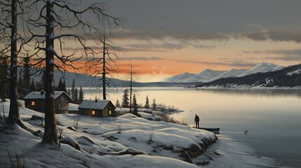 Winter view landscape, photograph, AI image generative, with lake and mountain covered by snow, beautiful sky.