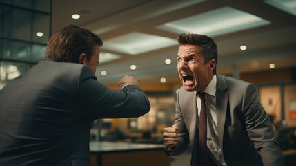 Boss yelling and firing employee in the workplace. Concept of Workplace Tension, Professional Challenges, and Unpleasant Employment Realities. - obrazy, fototapety, plakaty