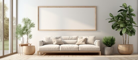 a living room with a mock up poster frame