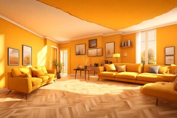  a living room , and dining room, with hardwood flouring, with orange and yellow background, light mode