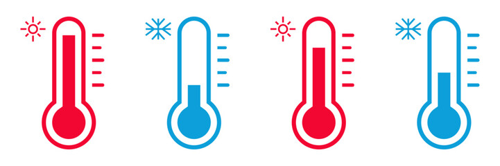 thermometer icon set in red and blue colors. symbols for measuring hot and cold body temperature. vector isolated on white background, modern and simple flat design. - obrazy, fototapety, plakaty