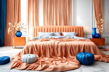  the modern bed with color light orange, with luxury items, white background, with curtain of blue...