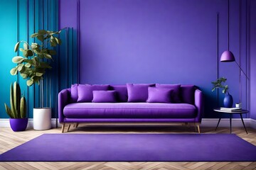  a spacious room, a blue  wall, Bright, spacious room, with a comfortable sofa,  purple color.