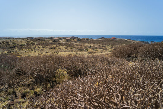 Ghost town of Abades and abandoned leper colony (Antiguo Leprosario Abades). In the background is the Atlantic Ocean. Tenerife, Canary Islands, Spain.