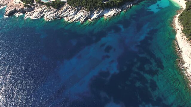 Flying over Paralia Emplisi beach, Kefalonia, during summer, Greek Ionian Islands.