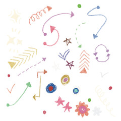 Hand drawn colored pencil vector, icons for notes with arrows, underlines, highlights, etc.
