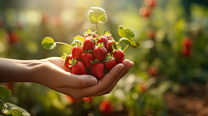 people picking strawberries in the garden in the morning, hands holding a strawberry,Minimal, natural, summer fruit arrangement. Organic, raw food. Concept - Eating ugly fruits and vegetables - obrazy, fototapety, plakaty
