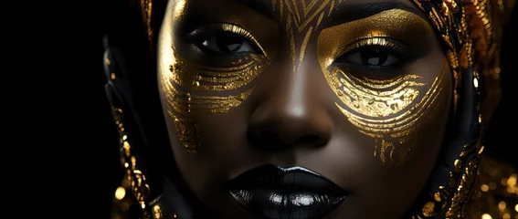 Close-up of an artistic portrait of a beauty fantastic golden professional makeup of an African woman, satin lips, drops of liquid gold paint. Generated by AI. © index74