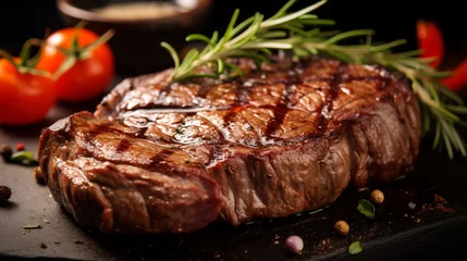 Fensteraufkleber beef steak grilled closed up and selective focus. food design for menu and recipe © piggu