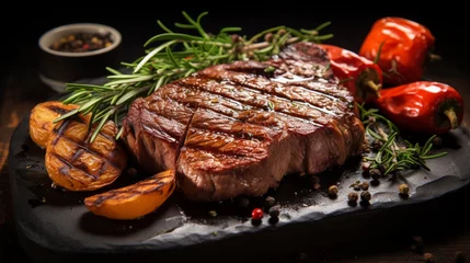 Foto auf Acrylglas beef steak grilled closed up and selective focus. food design for menu and recipe © piggu