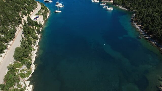 Flying over Foki beach, Kefalonia, during summer, Greek Ionian Islands.