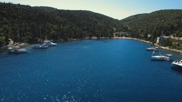 Flying over Foki beach, Kefalonia, during summer, Greek Ionian Islands.