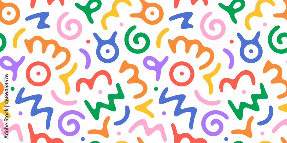 Poster Fun colorful line doodle seamless pattern. Creative minimalist style art background for children or trendy design with basic shapes. Simple childish scribble backdrop.