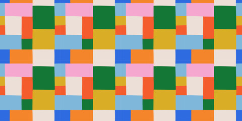 Colorful hand drawn patchwork flat cartoon seamless pattern. Handmade patch work quilt style background for textile concept or fun modern backdrop design.