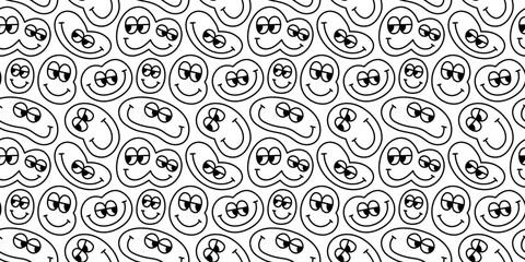 Funny melting smiling happy face cartoon seamless pattern. Retro psychedelic smile black and white background texture. Trendy character doodle wallpaper.