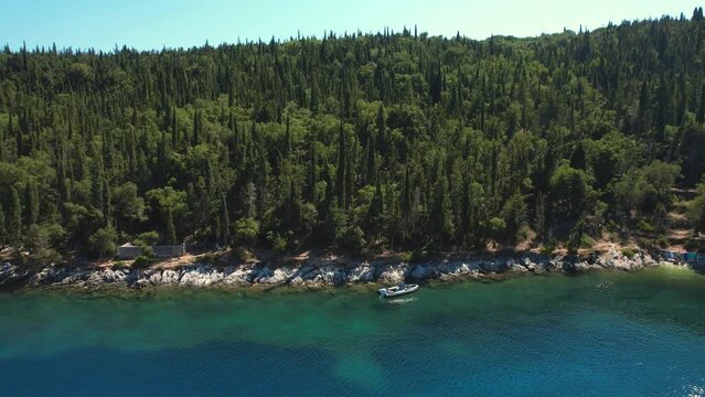 Flying over Foki beach, Kefalonia, during summer, Greek Ionian Islands.
