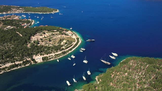 Flying over Foki beach, Kefalonia, during summer, Greek Ionian Islands.