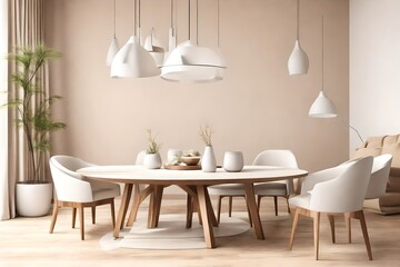 Fototapeta na wymiar 3D close up view, Round wooden dining table, white color chairs against beige sofa, white color wall