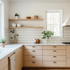 Fototapeta na wymiar Scandinavian-inspired kitchen with light wood cabinets, subway tile backsplash, and minimalist design for a clean, timeless look