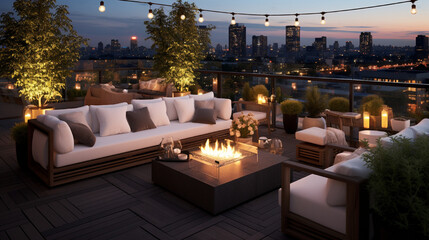 Urban rooftop terrace with a stylish outdoor lounge, potted plants, and string lights creating a perfect evening retreat
