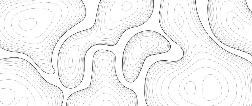 Abstract dotted line background. Topographic contour map concept. Black and white terrain dashed outline pattern. Geographic design template wallpaper for poster, banner, print. Vector illustration