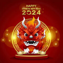 happy chinese new year with lunar dragon elements on stage