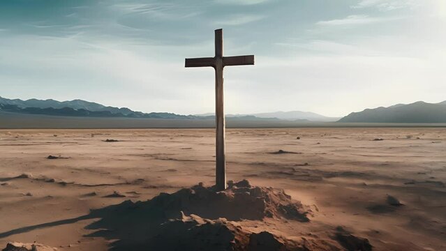 A powerful image of a cross, standing tall in the midst of a barren desert landscape, representing the strength and perseverance of ones faith.