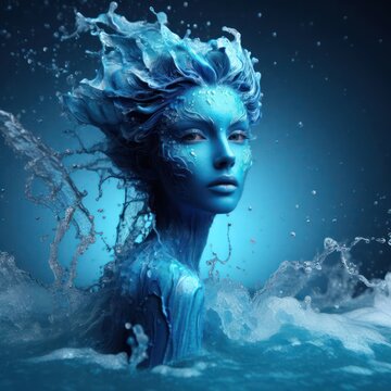 beautiful female fantasy water elemental demon or sea goddess emerges from the ocean