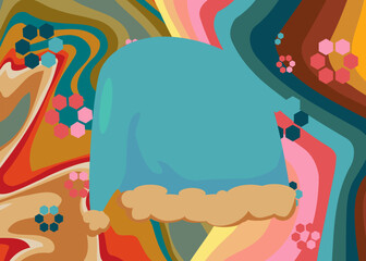 Retro 70s Background with Santa Claus Hat. Groovy Christmas 1970s art template. Minimalistic Vintage design poster. Old-fashioned color artwork.