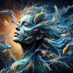 painting illustration of a beautiful female fantasy water elemental or goddess - 686462313