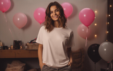 Obraz na płótnie Canvas Woman sand t-shirt Valentine day mock up. Brunette girl in sand blank t-shirt in the room with pink baloons