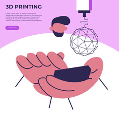 3D printing technology. The 3D printer prints the model using control from the engineer’s phone. Flat vector illustration.