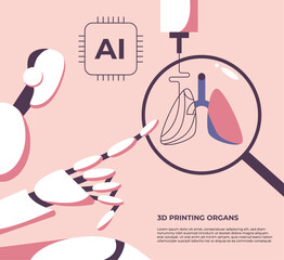 AI robot prints a 3D model of a human lungs. 3D printing of organs. Medicine of the future. Flat vector illustration in cartoon style.