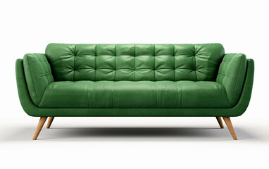 Green sofa on wooden legs isolated on white. Green leather couch isolated