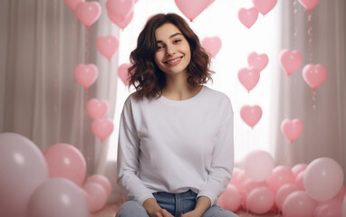 Woman white longsleeve Valentine day mockup. Beautiful brunette girl in white long sleeve t-shirt mockup in the room with pink baloons