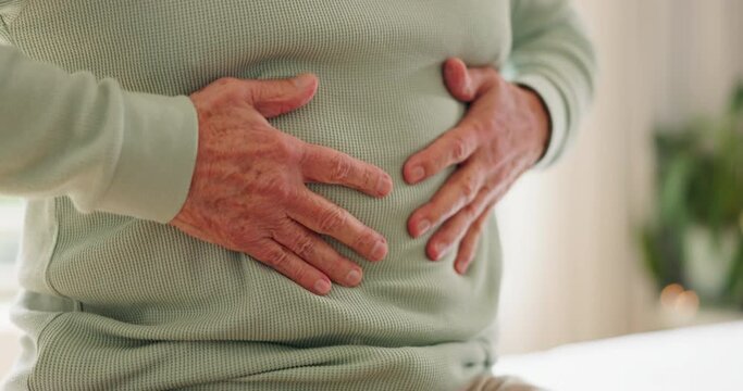 Hands, stomach and senior person with pain in home for disease, tummy cramps and digestive problem. Healthcare, retirement and massage torso for indigestion, food poisoning and medical emergency