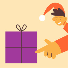 Happy guy in Santa Hat received a Gift. Christmas and New Year 2024 celebration. Flat vector illustration in cartoon style.