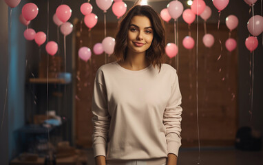 Woman sand sweatshirt Valentine day mockup. Beautiful girl in sand sweatshirt mockup on the wooden background with pink baloons