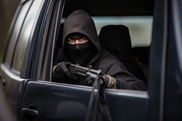 man in a mask and hood in a car with gun