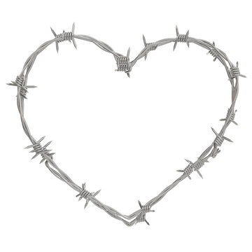 Experience the juxtaposition of strength and delicacy as barbed wire weaves into a heart shape in this 3D illustration, presented in PNG format with a transparent background.