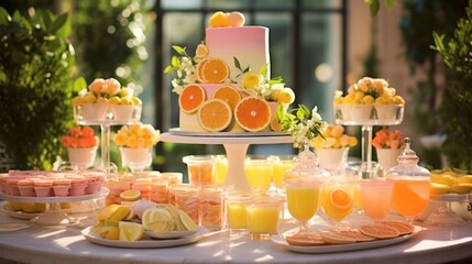A Dessert Table Filled with Citrus-Inspired Treats Like Lemon Bars, Orange-Infused Cheesecake, and Grapefruit Sorbet