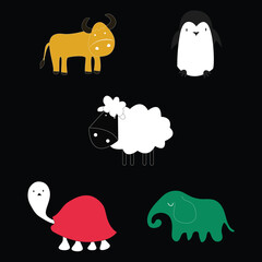 Hand drawn cute animals. Buffalo, penguin, sheep, turtle and elephant.
