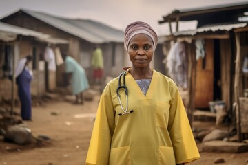 Obraz premium A female doctor from a remote village in a poor country who provides medical care and support 