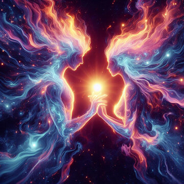 Twin flame couple. Soulmates. The concept of magical, esoteric, tantric, spiritual love. Connection between souls. Illustration for websites and much more. Created using generative ai tools